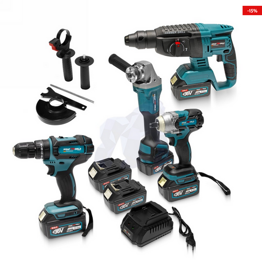 Τετραπλή κασετίνα με μπουλονόκλειδο, τροχός 125mm,κρουστικο δραπανοκατσάβιδο και σκαπτικό