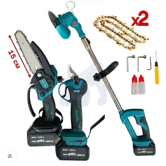 Σετ Επαναφορτιζόμενο Χορτοκοπτικό / Θαμνοκοπτικό, Πριόνι και Ψαλίδι κλαδέματος Kraftworld 36V/8Ah