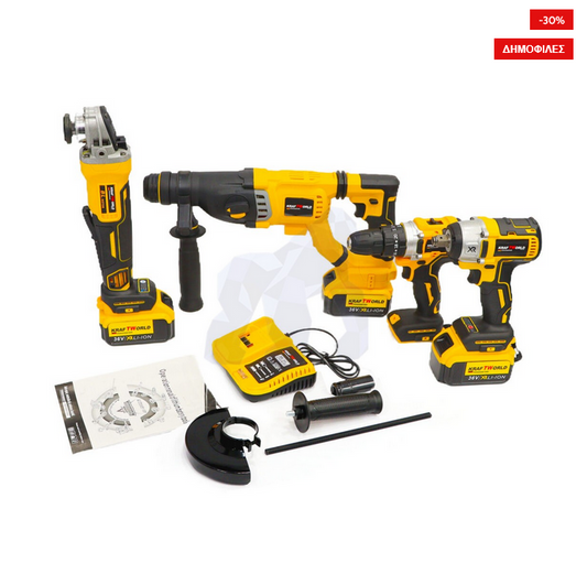 Τετραπλή κασετίνα με γωνιακό τροχό, μπουλονόκλειδο, κομπρεσέρ και κρουστικό βιδολόγο. 4 μπαταρίες και 2 ταχυφορτιστές